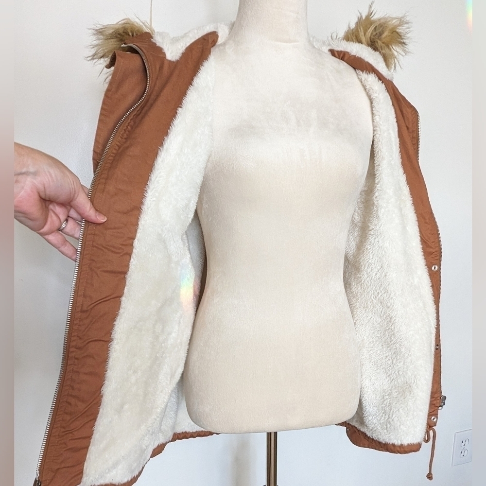 Love Tree Boutique Brown Faux Fur Trimmed Hood Sherpa Lined Jacket Coat Small - Picture 2 of 13